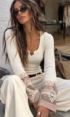 Free People Ivory/Cream Kombucha Crochet Cuff Thermal Knit Top Large